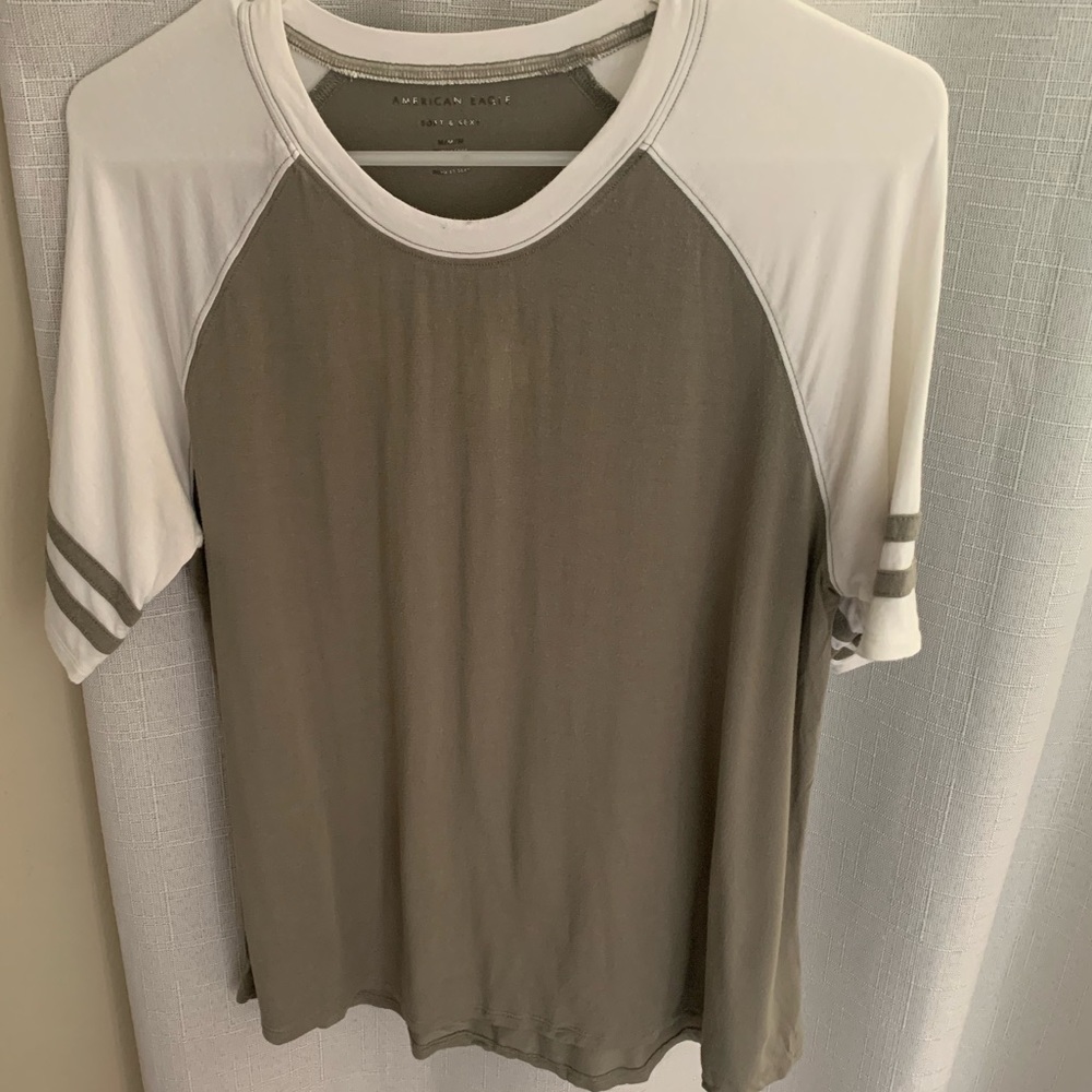 American Eagle - Olive and White - scoop neck, loose fitting tee - medium
